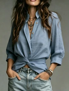LUMIGAL Twist Front Button Up Shirt - Blue - View 7