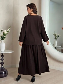 Modelyn Plus Size Women's Square Neckline Loose Cuff Elastic Waist Elegant Blouse Top Mesh Panel Embroidered Elastic Waistband Two Pieces Set - Coffee Brown - View 2