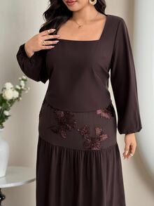 Modelyn Plus Size Women's Square Neckline Loose Cuff Elastic Waist Elegant Blouse Top Mesh Panel Embroidered Elastic Waistband Two Pieces Set - Coffee Brown - View 5