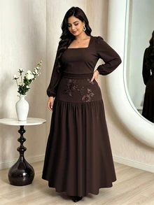 Modelyn Plus Size Women's Square Neckline Loose Cuff Elastic Waist Elegant Blouse Top Mesh Panel Embroidered Elastic Waistband Two Pieces Set - Coffee Brown - View 4