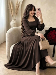 Modelyn Plus Size Women's Square Neckline Loose Cuff Elastic Waist Elegant Blouse Top Mesh Panel Embroidered Elastic Waistband Two Pieces Set - Coffee Brown - View 1