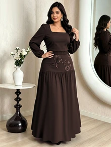 Modelyn Plus Size Women's Square Neckline Loose Cuff Elastic Waist Elegant Blouse Top Mesh Panel Embroidered Elastic Waistband Two Pieces Set - Coffee Brown - View 6