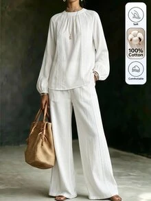 Omancia Women's Autumn/Winter New Solid Color Lace Trim 2 Pieces Set - White - View 3