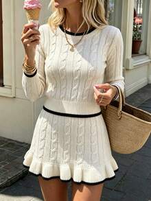 Flora Isola Flora Isola Autumn/Winter Commute Shopping Party Cable Contrast Edge Sweater + Ruffle Hem Skirt Women's 2 Pieces Set - White - View 1