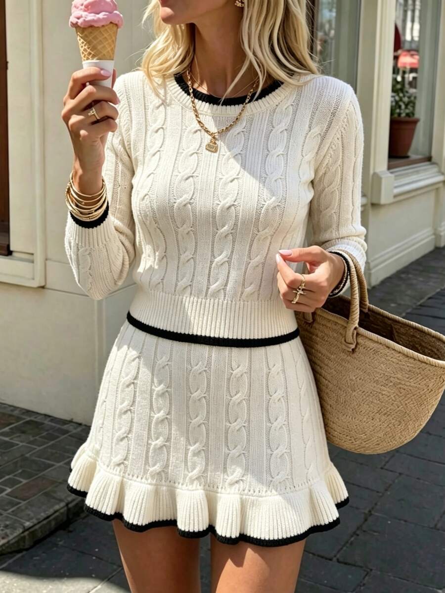 Flora Isola Flora Isola Autumn/Winter Commute Shopping Party Cable Contrast Edge Sweater + Ruffle Hem Skirt Women's 2 Pieces Set - White - View 1