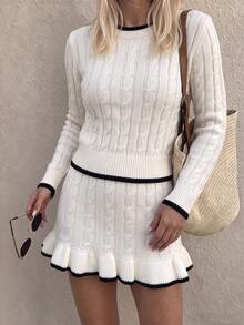 Flora Isola Flora Isola Autumn/Winter Commute Shopping Party Cable Contrast Edge Sweater + Ruffle Hem Skirt Women's 2 Pieces Set - White - View 5