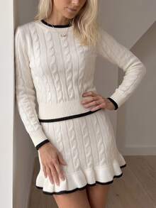 Flora Isola Flora Isola Autumn/Winter Commute Shopping Party Cable Contrast Edge Sweater + Ruffle Hem Skirt Women's 2 Pieces Set - White - View 4