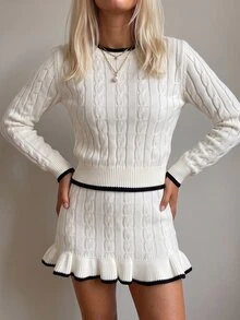 Flora Isola Flora Isola Autumn/Winter Commute Shopping Party Cable Contrast Edge Sweater + Ruffle Hem Skirt Women's 2 Pieces Set - White - View 6