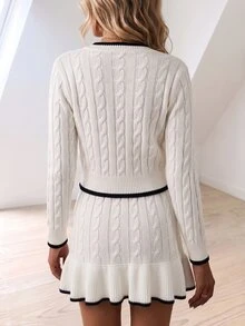 Flora Isola Flora Isola Autumn/Winter Commute Shopping Party Cable Contrast Edge Sweater + Ruffle Hem Skirt Women's 2 Pieces Set - White - View 2