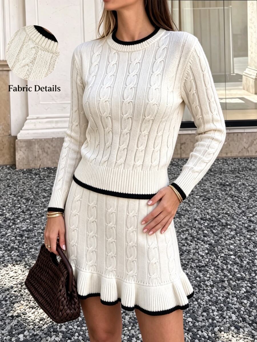 Flora Isola Flora Isola Autumn/Winter Commute Shopping Party Cable Contrast Edge Sweater + Ruffle Hem Skirt Women's 2 Pieces Set - White - View 1