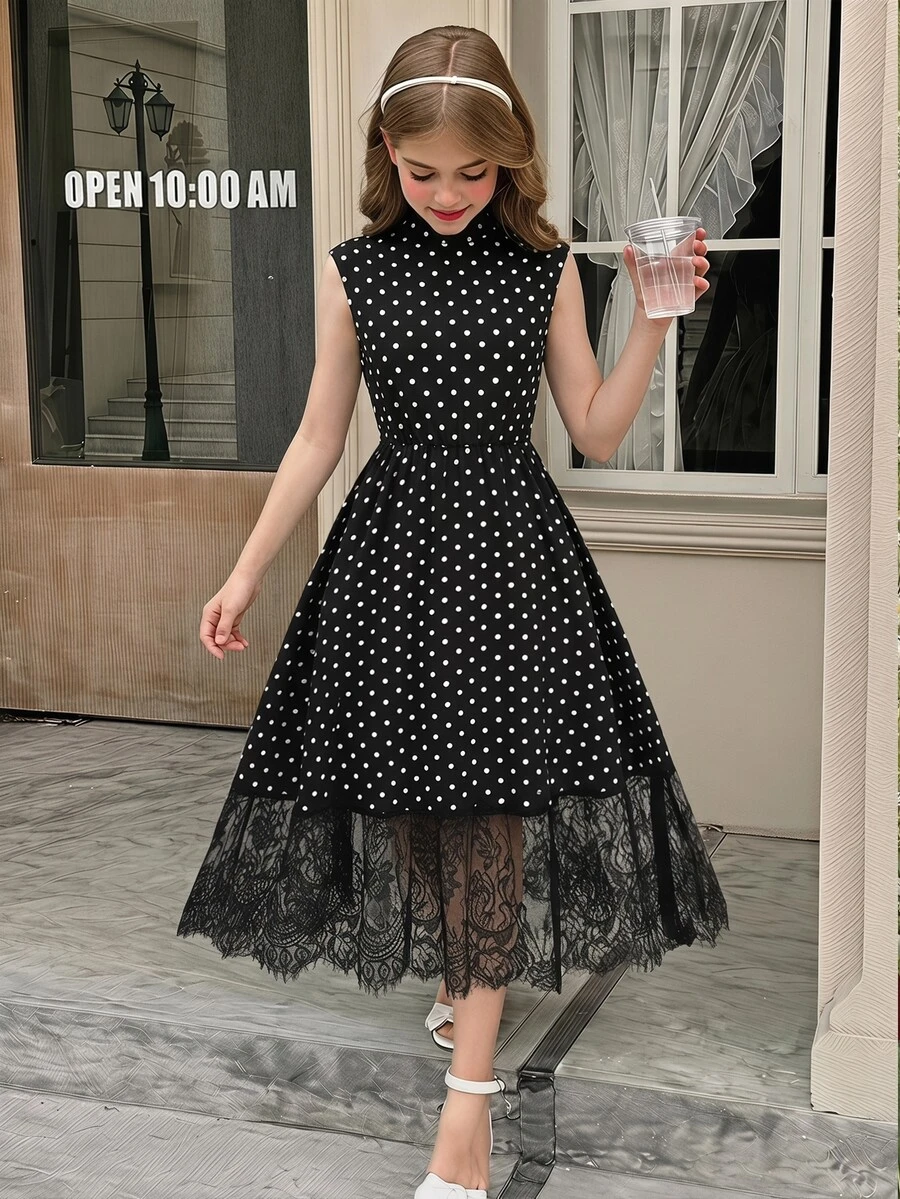 SHEIN Tween Girl Polka Dot Kids Lace Patchwork Pleated Casual Party Dress - Black - View 1