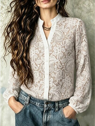 Balvessa Elegant Commuter Faux Lace Print Blouse