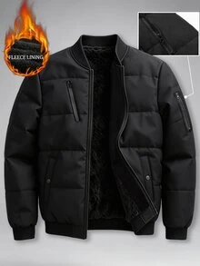 Manfinity Homme 男士純色長袖前拉鍊冬季外套，羽絨填充 - 黑色 - 查看 1