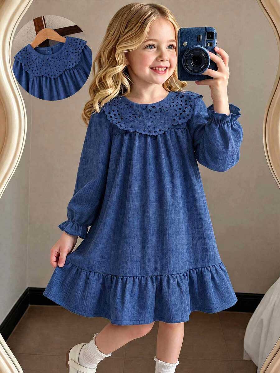 SHEIN 1件女童秋季新款清新風格寬鬆長袖洋裝,彈性袖口、精緻領口、後開口設計,休閒百搭返校大學出遊洋裝 - 藍色 - 查看 1