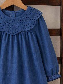 SHEIN 1件女童秋季新款清新風格寬鬆長袖洋裝，彈性袖口、精緻領口、後開口設計，休閒百搭返校大學出遊洋裝 - 藍色 - 查看 5
