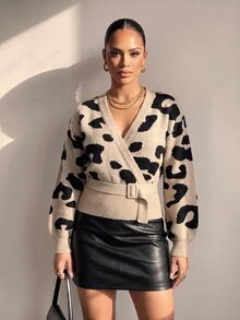 Structelle Sweater Rajut Pullover Motif Leopard Leher V, Musim Gugur/Dingin - Khaki - View 3