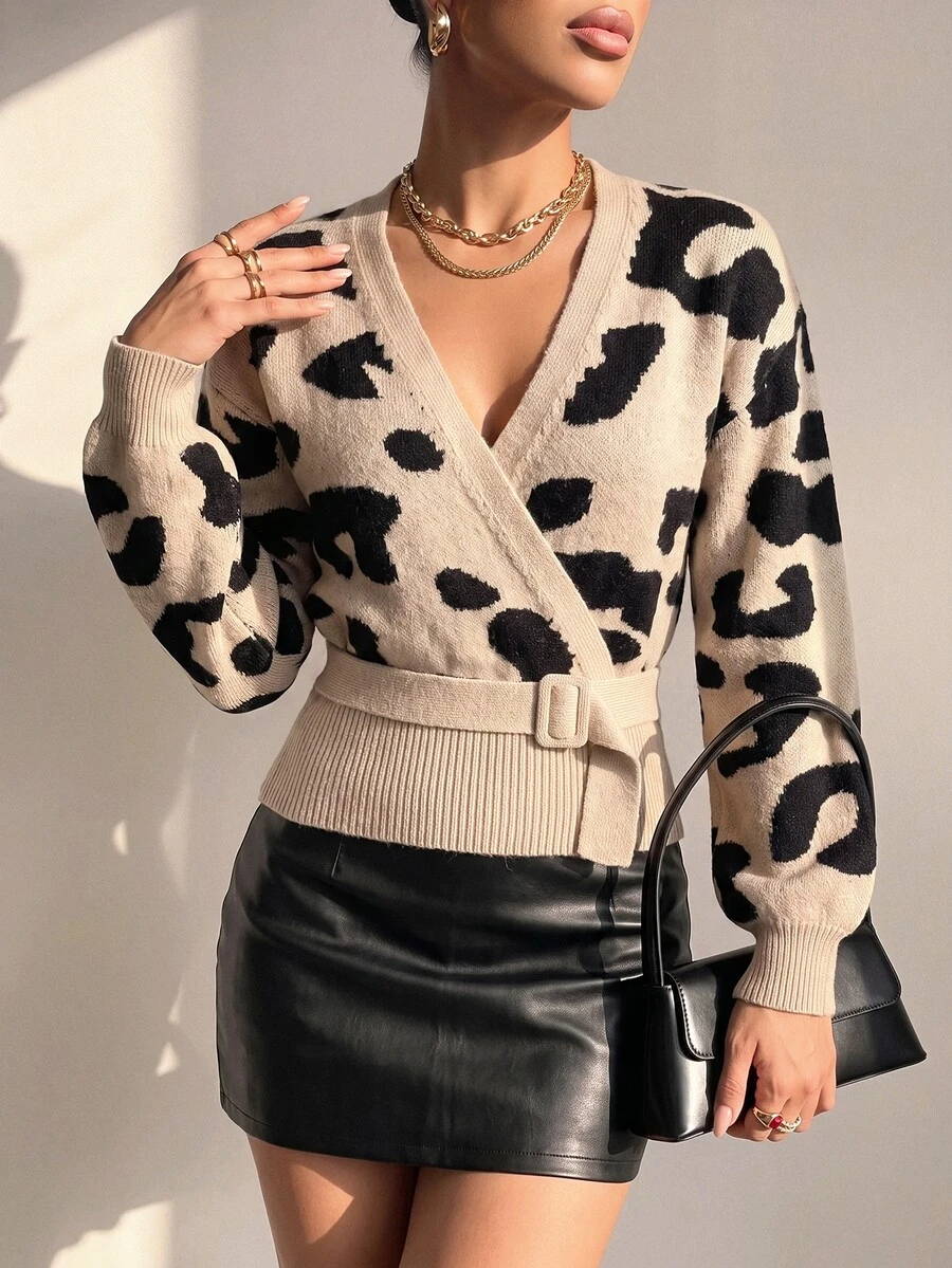 Structelle Sweater Rajut Pullover Motif Leopard Leher V, Musim Gugur/Dingin - Khaki - View 1