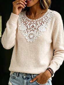 Louniche Sweater Pullover Lengan Panjang Patchwork Renda Musim Gugur/Dingin, Modis untuk Brunch, Kencan Malam, Pesta Teh, Warna Krem Putih, Romantis, Gaya Prancis Elegan - Aprikot - View 4
