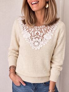 Louniche Sweater Pullover Lengan Panjang Patchwork Renda Musim Gugur/Dingin, Modis untuk Brunch, Kencan Malam, Pesta Teh, Warna Krem Putih, Romantis, Gaya Prancis Elegan - Aprikot - View 3