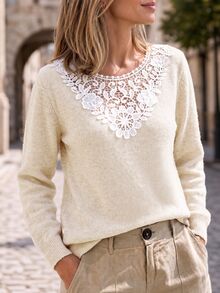 Louniche Sweater Pullover Lengan Panjang Patchwork Renda Musim Gugur/Dingin, Modis untuk Brunch, Kencan Malam, Pesta Teh, Warna Krem Putih, Romantis, Gaya Prancis Elegan - Aprikot - View 5