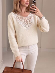 Louniche Sweater Pullover Lengan Panjang Patchwork Renda Musim Gugur/Dingin, Modis untuk Brunch, Kencan Malam, Pesta Teh, Warna Krem Putih, Romantis, Gaya Prancis Elegan - Aprikot - View 1