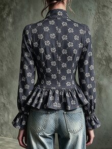 SHEIN Women's Vintage Stand Collar Waist-Cinching Ruffle Hem Fashion Slimming Versatile Jacket - Navy Blue - View 2