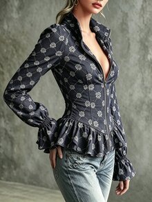 SHEIN Women's Vintage Stand Collar Waist-Cinching Ruffle Hem Fashion Slimming Versatile Jacket - Navy Blue - View 3