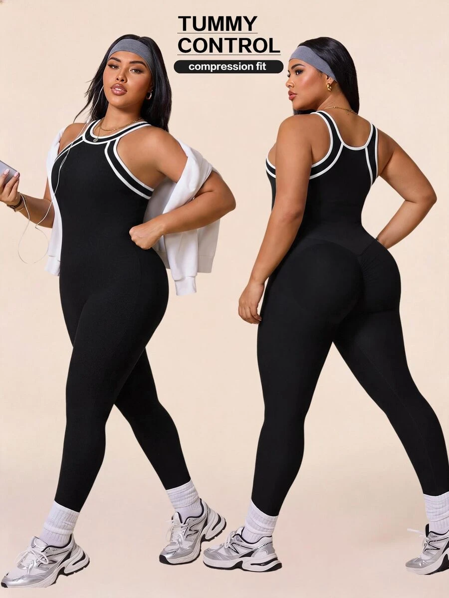 SHEIN Rhythm Era Women's Plus Size Halter Neck Fitted Sports Jumpsuit - Black - View 1