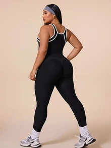 SHEIN Rhythm Era Women's Plus Size Halter Neck Fitted Sports Jumpsuit - Black - View 6