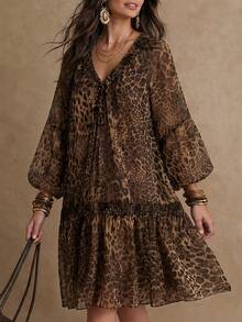 Solivie Women's V-Neck Leopard Print Ruched Casual Party Midi Dress - Multicolor - View 4