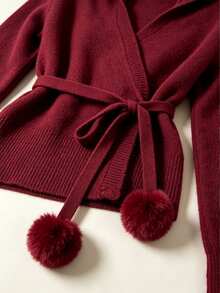 Elamini Burgundy V-Neck Pullover Sweater With Belt And Pom Pom Decor, Christmas New Year Commute Fashion Charming Waist-Flattering Slimming Casual Knit Sweater For Women - Burgundy - View 7
