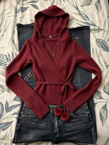 Elamini Burgundy V-Neck Pullover Sweater With Belt And Pom Pom Decor, Christmas New Year Commute Fashion Charming Waist-Flattering Slimming Casual Knit Sweater For Women - Burgundy - View 1