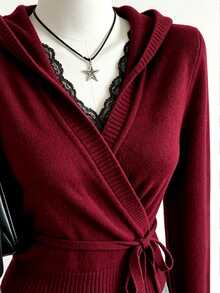 Elamini Burgundy V-Neck Pullover Sweater With Belt And Pom Pom Decor, Christmas New Year Commute Fashion Charming Waist-Flattering Slimming Casual Knit Sweater For Women - Burgundy - View 5