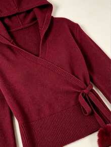 Elamini Burgundy V-Neck Pullover Sweater With Belt And Pom Pom Decor, Christmas New Year Commute Fashion Charming Waist-Flattering Slimming Casual Knit Sweater For Women - Burgundy - View 6