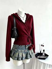 Elamini Burgundy V-Neck Pullover Sweater With Belt And Pom Pom Decor, Christmas New Year Commute Fashion Charming Waist-Flattering Slimming Casual Knit Sweater For Women - Burgundy - View 3