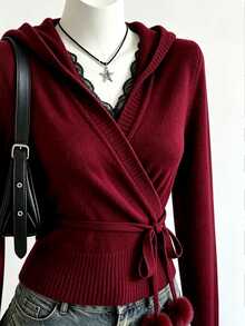 Elamini Burgundy V-Neck Pullover Sweater With Belt And Pom Pom Decor, Christmas New Year Commute Fashion Charming Waist-Flattering Slimming Casual Knit Sweater For Women - Burgundy - View 4