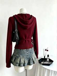 Elamini Burgundy V-Neck Pullover Sweater With Belt And Pom Pom Decor, Christmas New Year Commute Fashion Charming Waist-Flattering Slimming Casual Knit Sweater For Women - Burgundy - View 2