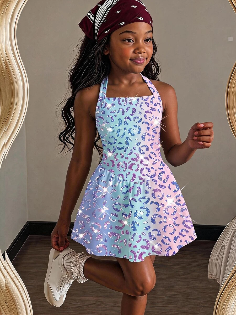 Emery Rose Kids Young Girls Gradient Leopard Print Halter Neck Dress