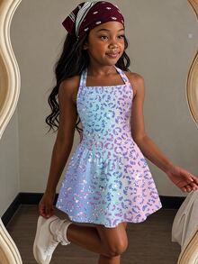 Emery Rose Kids Young Girls Gradient Leopard Print Halter Neck Dress - Multicolor - View 10