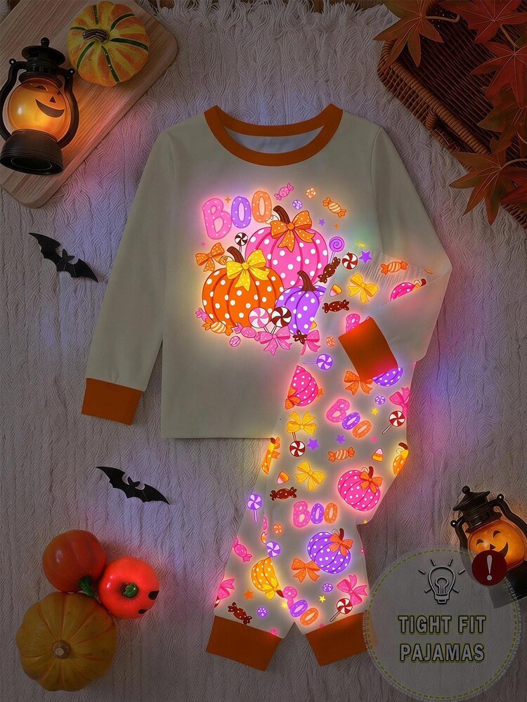 SHEIN Kids Young Girl Young Girl Cute Cartoon Halloween Pattern Round Neck Casual T-Shirt And Leggings 2 Pieces Set  Halloween Snug Fit - Pink - View 8