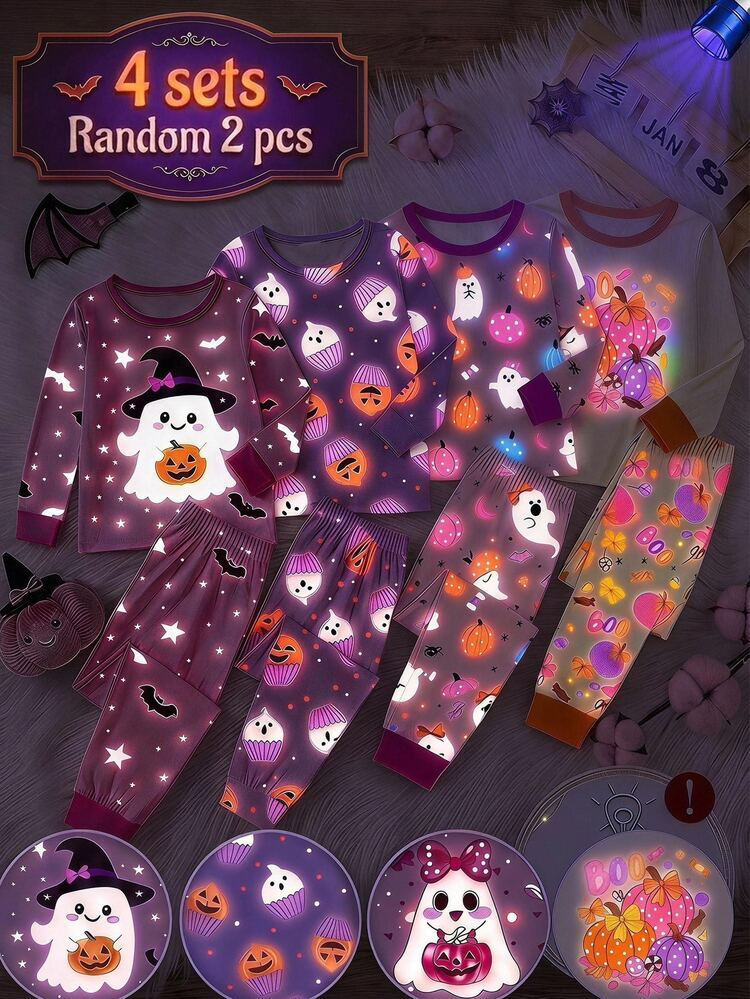 SHEIN Kids Young Girl Young Girl Cute Cartoon Halloween Pattern Round Neck Casual T-Shirt And Leggings 2 Pieces Set  Halloween Snug Fit - Pink - View 1