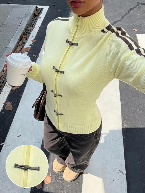 Muchica Women's Autumn/Winter New Cream Yellow Button Design & Ribbon Patchwork Zipper Knit Cardigan For Going Out, Streetwear, Y2K