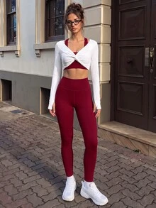 Pariaura Women's Solid Color Long Sleeve Knot Design T-Shirt, Cropped Halter Neck Tank Top And Leggings Sports Set - Multicolor - View 4