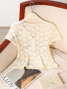 IslaSuriya Women Casual Solid Color Sheer Lace Top - Apricot - View 2