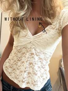 IslaSuriya Women Casual Solid Color Sheer Lace Top - Apricot - View 1