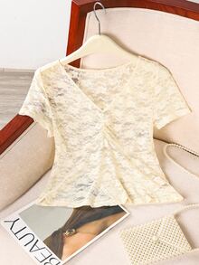 IslaSuriya Women Casual Solid Color Sheer Lace Top - Apricot - View 3