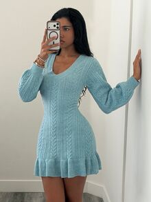 Elenzga Women's Vintage V-Neck Cable Knit Sweater Dress, Autumn/Winter - Dusty Blue - View 5