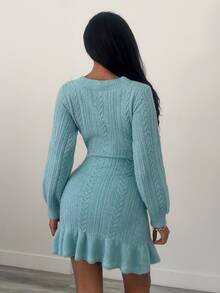 Elenzga Women's Vintage V-Neck Cable Knit Sweater Dress, Autumn/Winter - Dusty Blue - View 2