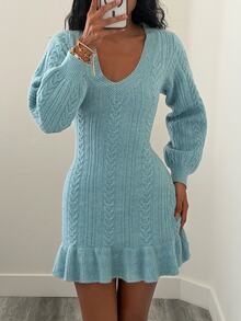 Elenzga Women's Vintage V-Neck Cable Knit Sweater Dress, Autumn/Winter - Dusty Blue - View 1