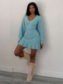 Elenzga Women's Vintage V-Neck Cable Knit Sweater Dress, Autumn/Winter - Dusty Blue - View 6